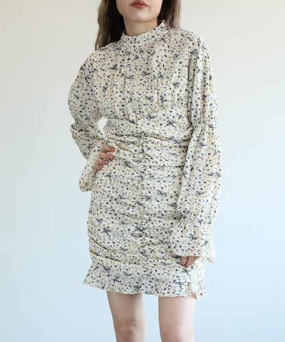 【Jasmine】スタンドカラーパワショル花柄ミニワンピース　（OG)