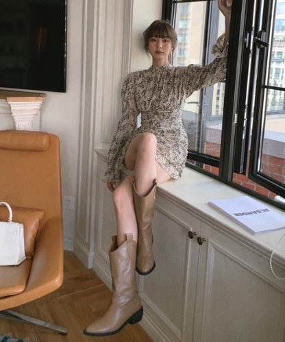 【Jasmine】スタンドカラーパワショル花柄ミニワンピース　（OG)