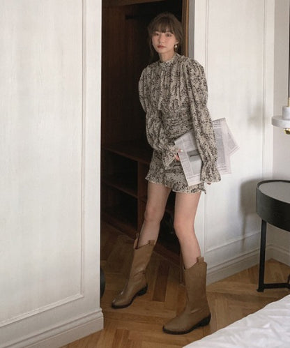 【Jasmine】スタンドカラーパワショル花柄ミニワンピース　（OG)