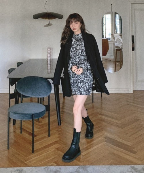 【Jasmine】スタンドカラーパワショル花柄ミニワンピース　（OG)