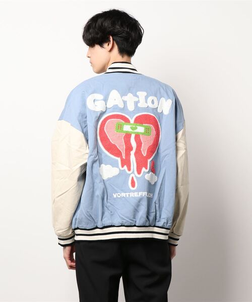 【HOOK】アメカジ袖配色切り替えドッキングブルゾン ワッペン刺繍入り