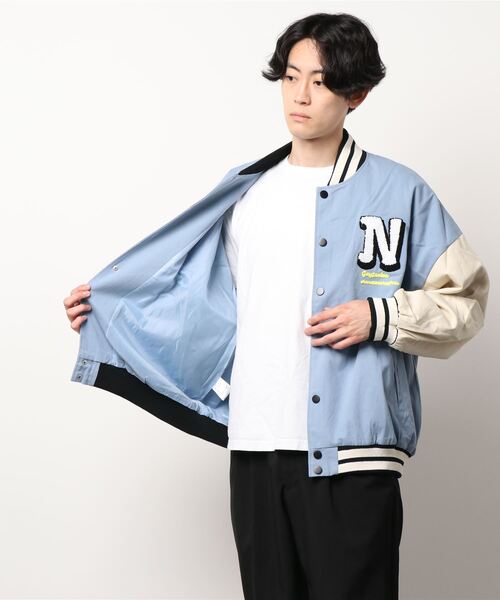 【HOOK】アメカジ袖配色切り替えドッキングブルゾン ワッペン刺繍入り