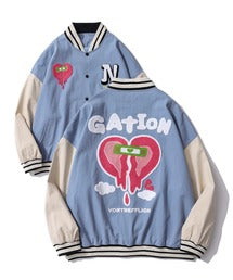 【HOOK】アメカジ袖配色切り替えドッキングブルゾン ワッペン刺繍入り