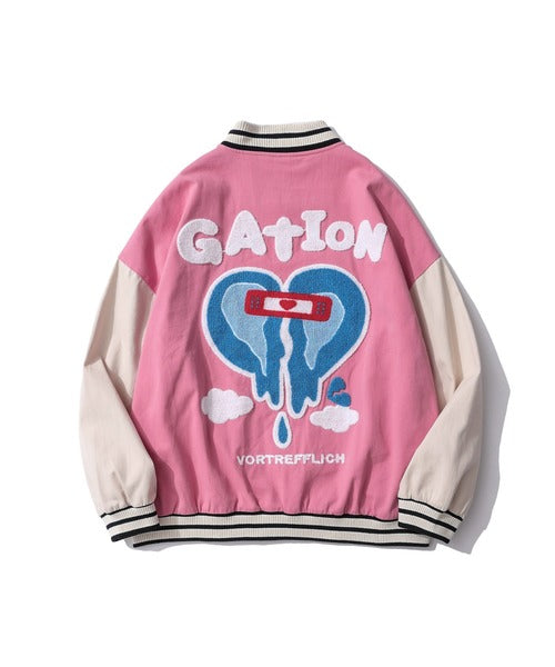 【HOOK】アメカジ袖配色切り替えドッキングブルゾン ワッペン刺繍入り