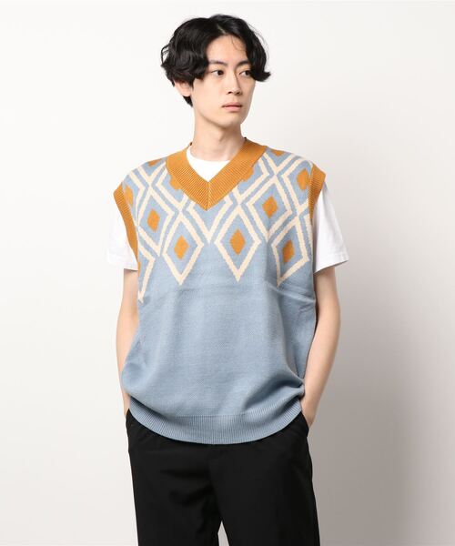 【HOOK】古着風レトロ柄・幾何学模様・ボーダー柄・ 配色ベスト