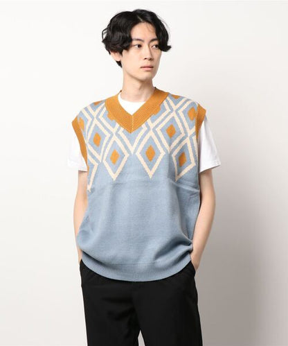 【HOOK】古着風レトロ柄・幾何学模様・ボーダー柄・ 配色ベスト