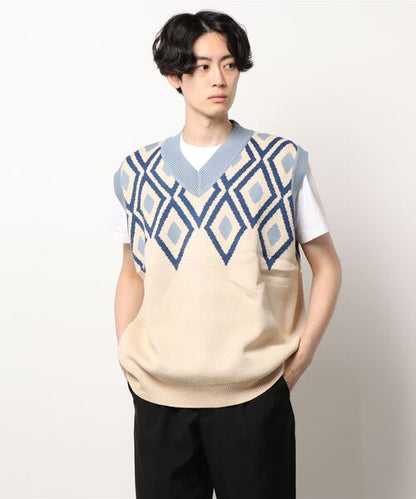 【HOOK】古着風レトロ柄・幾何学模様・ボーダー柄・ 配色ベスト