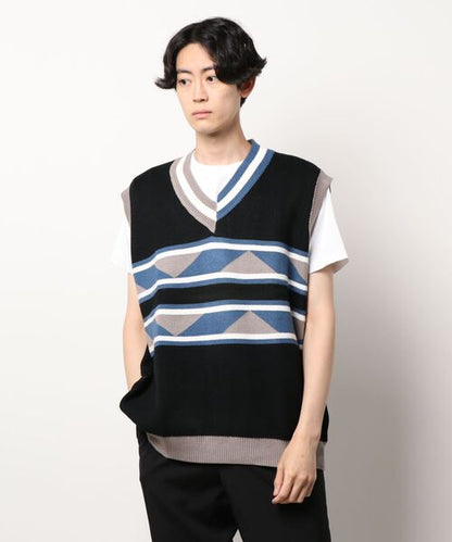 【HOOK】古着風レトロ柄・幾何学模様・ボーダー柄・ 配色ベスト