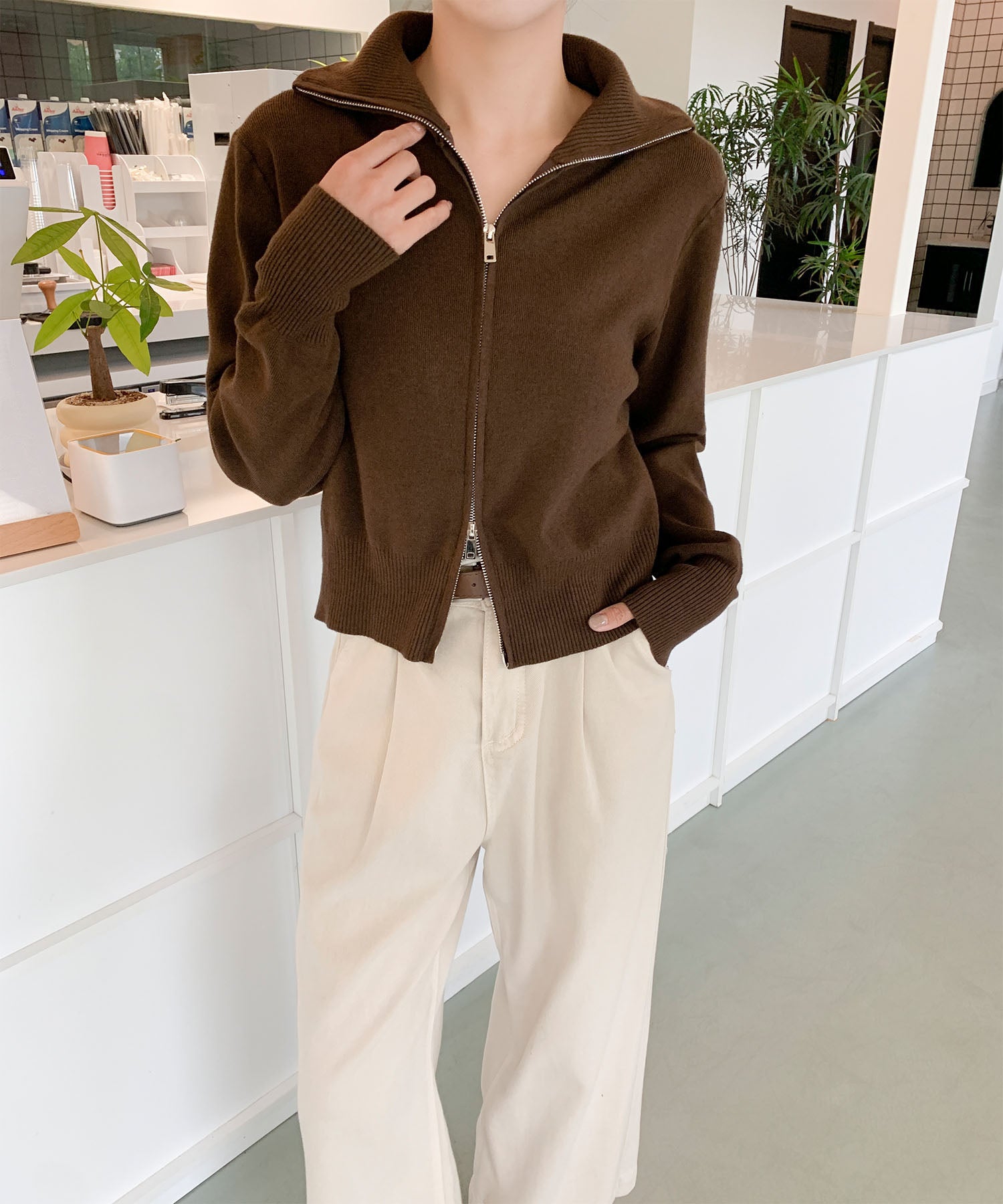 aimoha/ダブルジップ 無地ニットパーカー