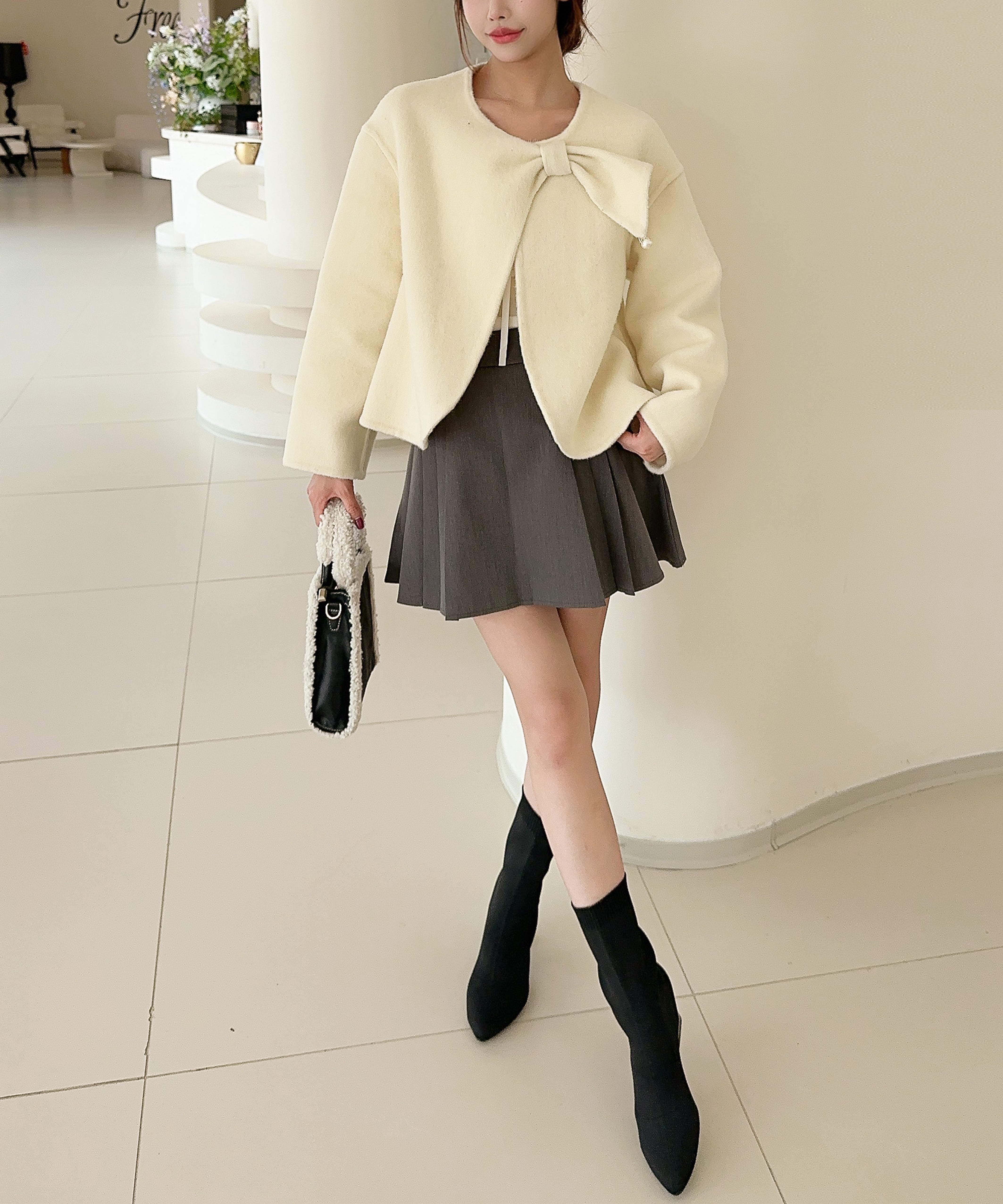 【Jasmine】リボンノーカラーリバーウールコート ショート丈