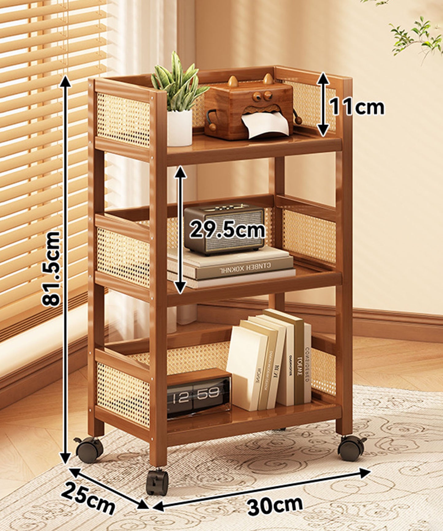 ラタン調スリム3段収納ワゴンキャスターラック