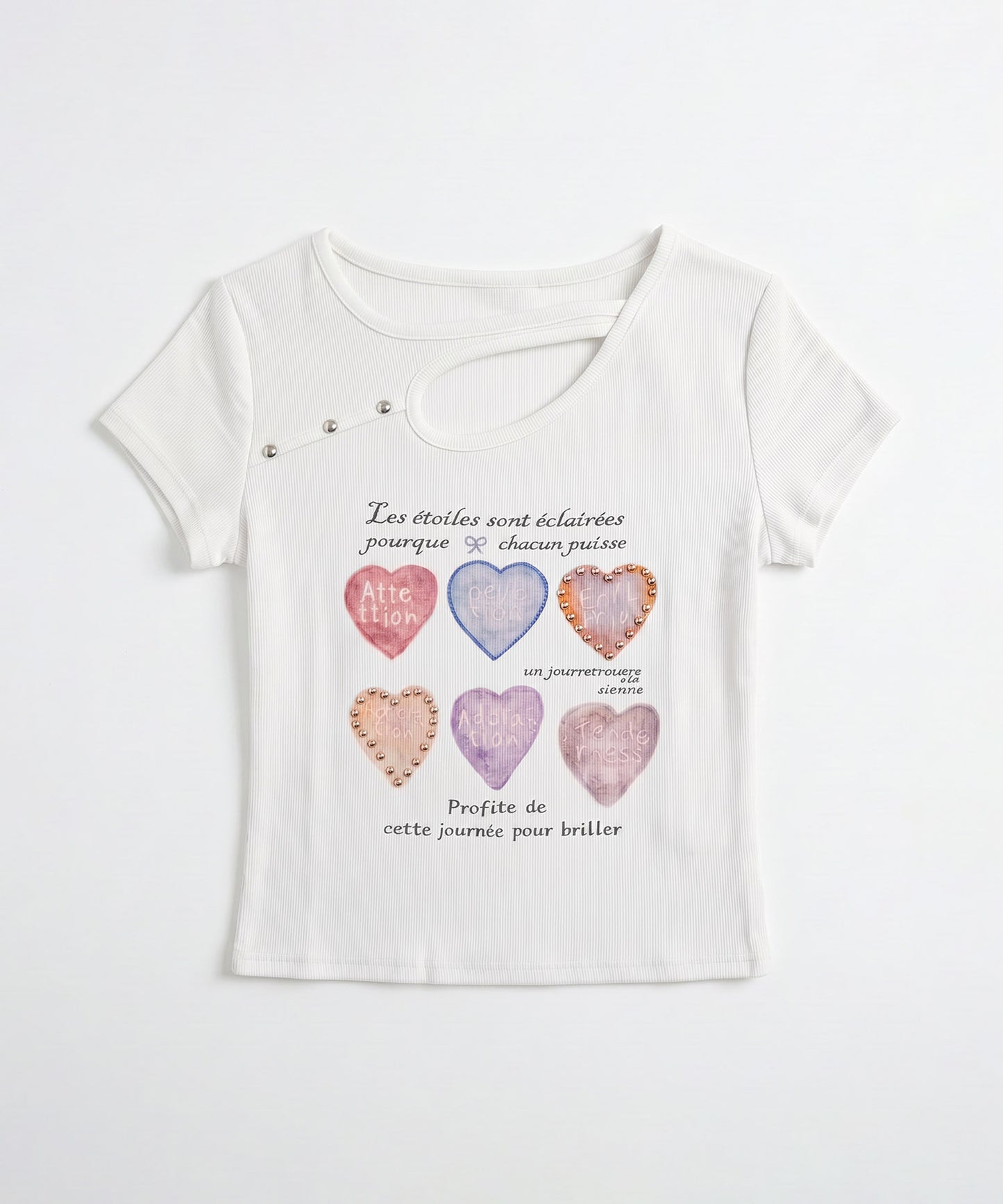 HOOK for girls 胸元デザイン × ハートスタッズプリント　クロップド 半袖 Tシャツ