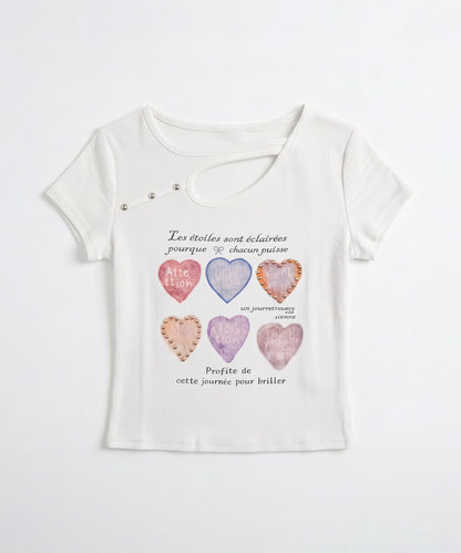 HOOK for girls 胸元デザイン × ハートスタッズプリント　クロップド 半袖 Tシャツ