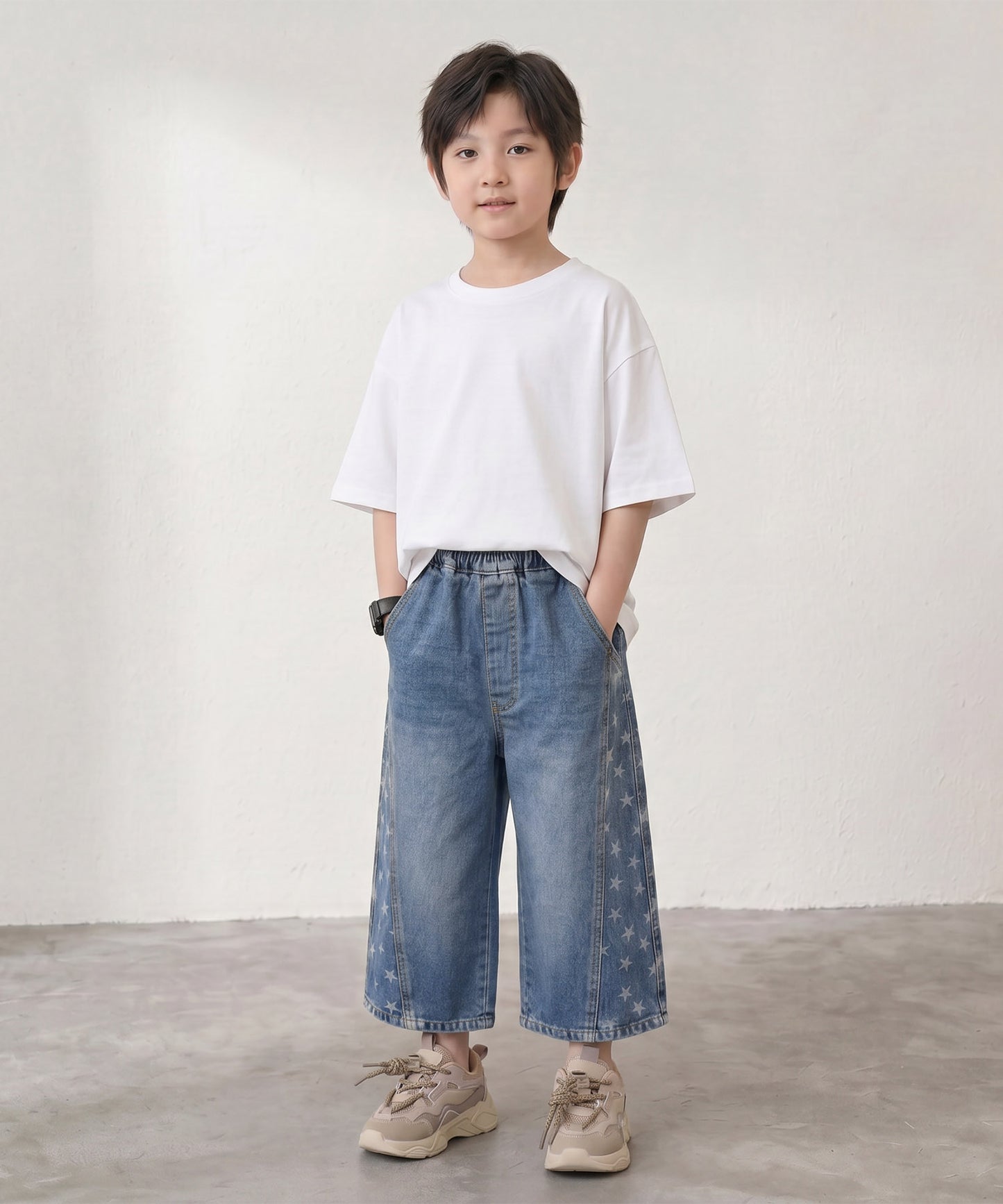 【aimoha-KIDS-】スタープリントデニムハーフパンツ