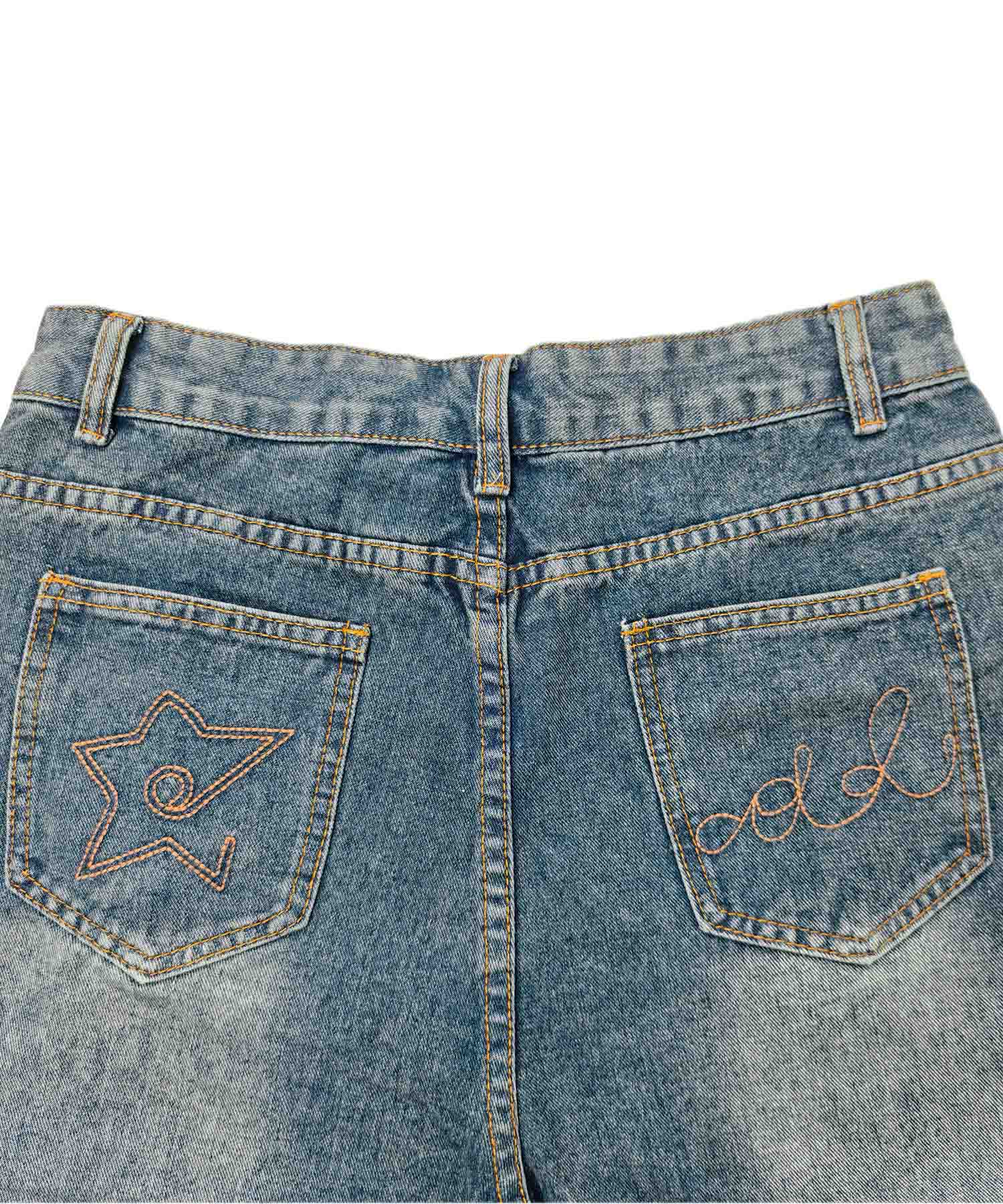 HOOK　スター刺繍×ブローチ カットオフ デニムショーツ ワイドハーフパンツ Y2K ユニセックス ストリート