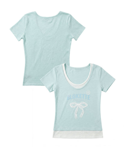 HOOK for girls　リボンロゴプリント レイヤード風UネックTシャツ