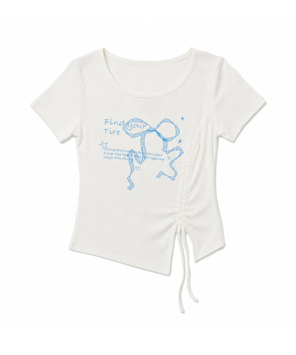 HOOK for girls リボングラフィック × サイドギャザー コンパクトストリートT