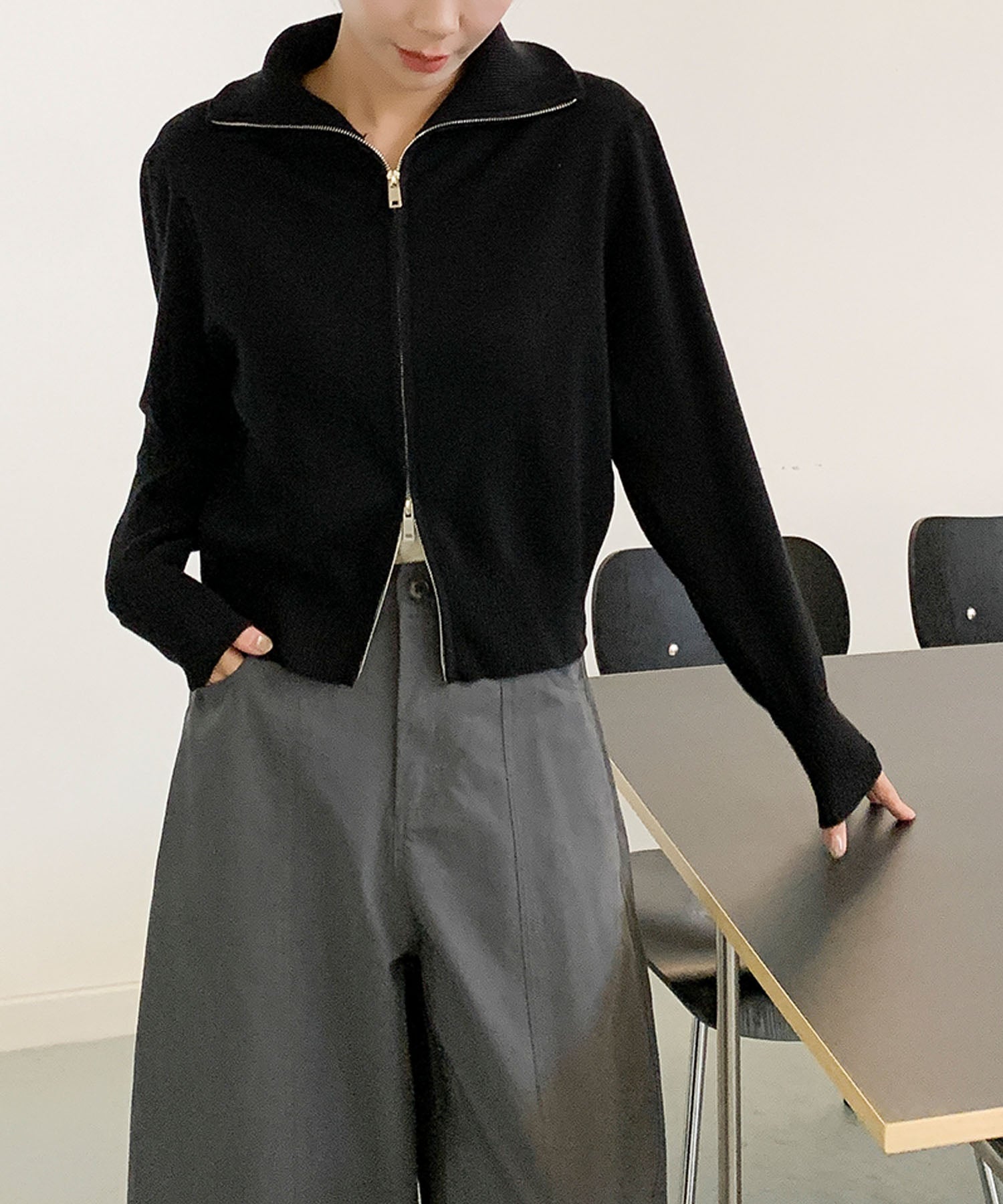 aimoha/ダブルジップ 無地ニットパーカー