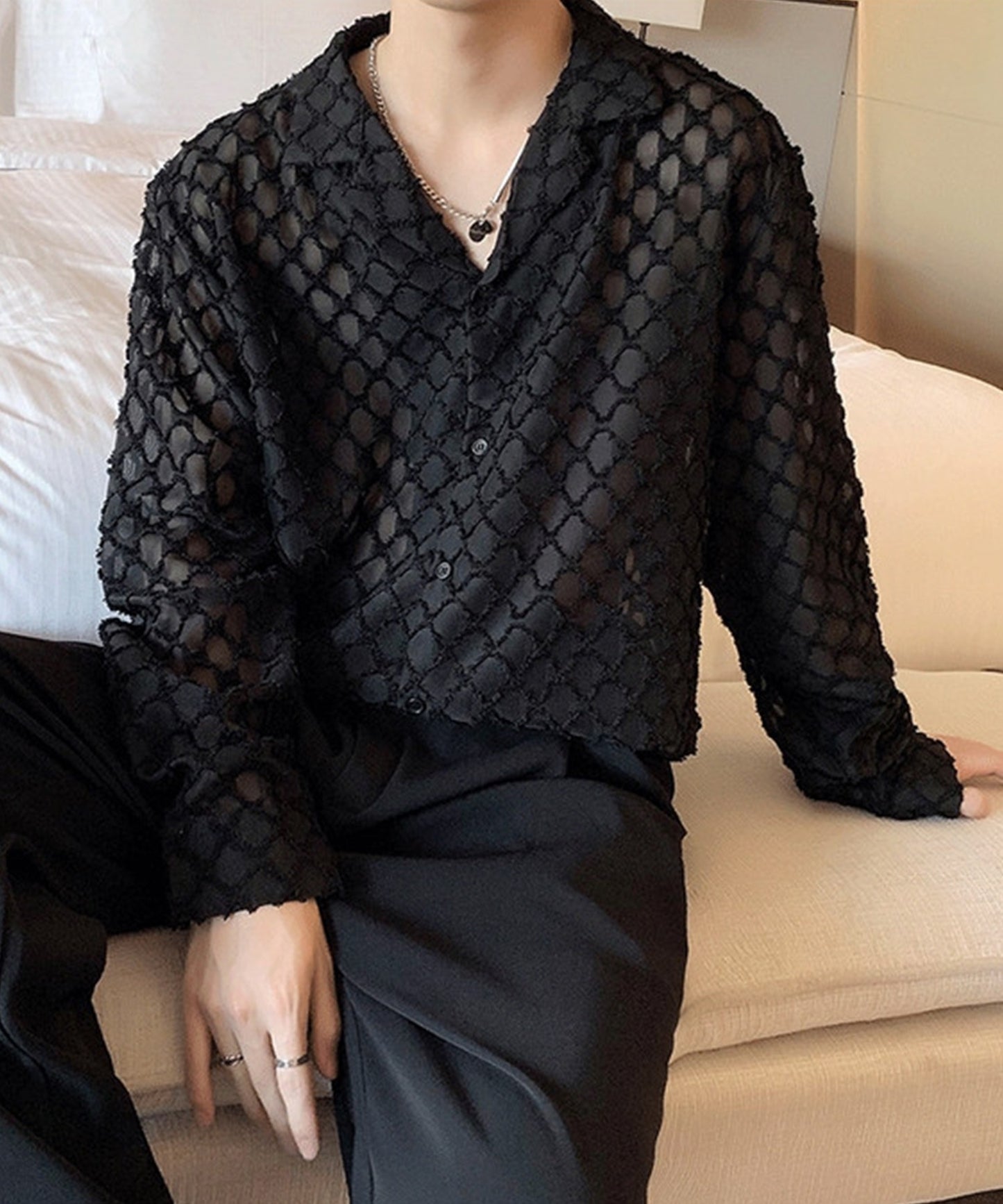 [aimoha Men's] All-over patterned see-through shirt