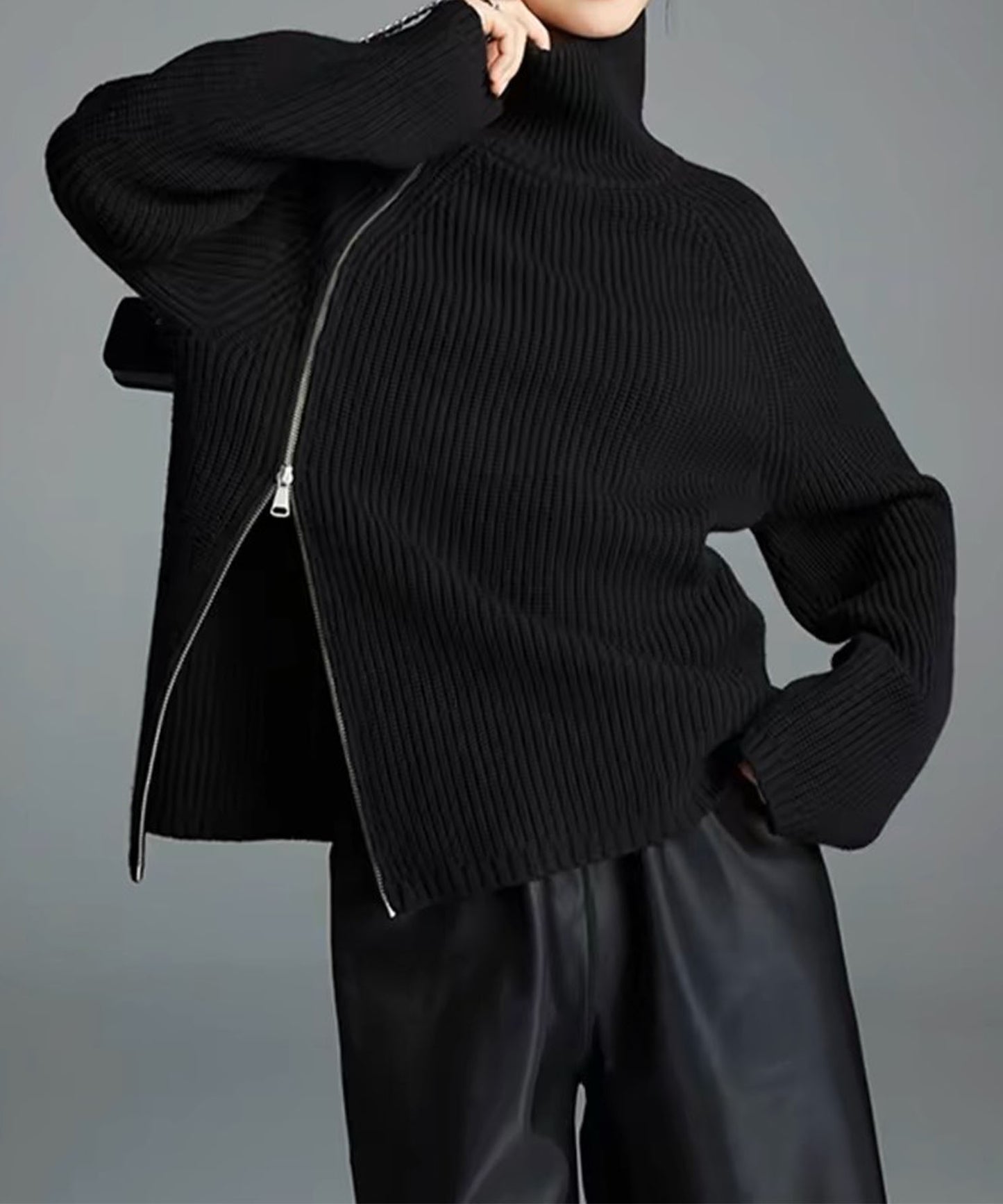 斜めファスナー アシンメトリーニットトップス（ダブルジップ仕様）