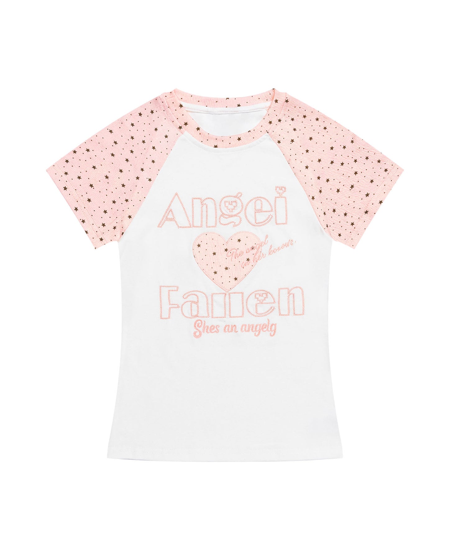 HOOK for girls　パッチ刺繍 ハートロゴ 星柄切替 ラグランTシャツ レディース Y2K ガーリー 半袖 カットソー