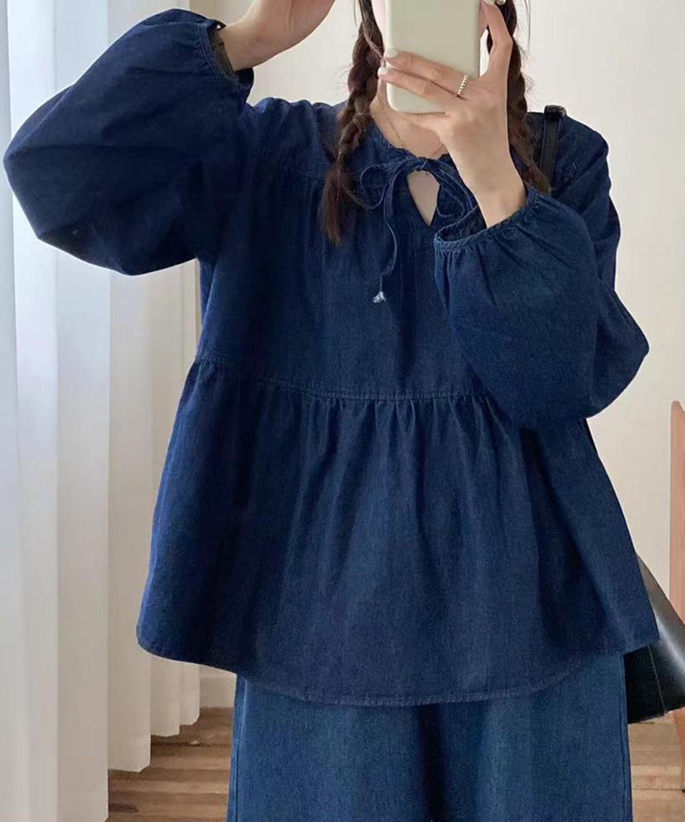 デニムティアードリボンブラウス