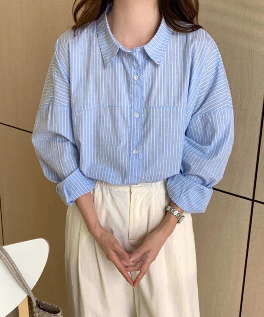 ストライプ切替コットンシャツ