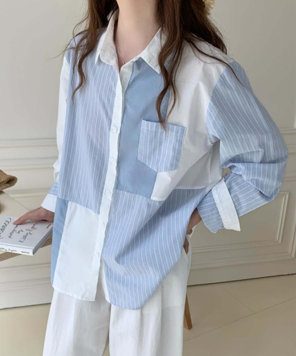 パッチワーク風コットンシャツ