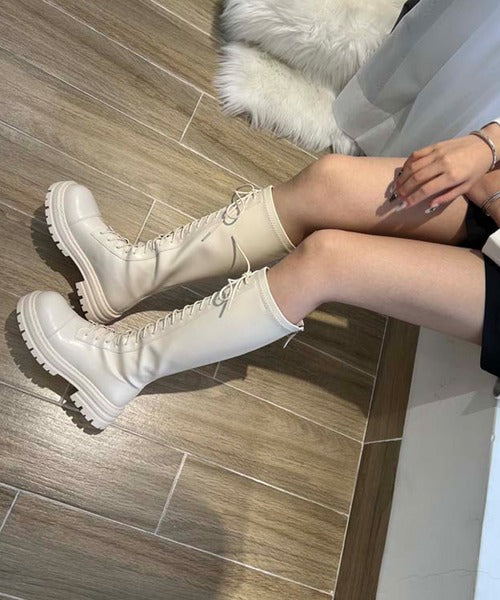 紐づけフェイクレザー厚底ロングブーツ