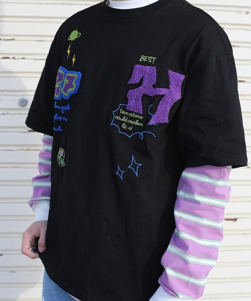 HOOK- アメカジ風ワッペン刺繍半袖TEE