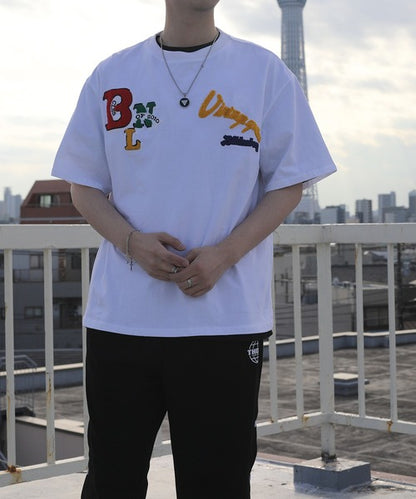 HOOK- アメカジ風ワッペン刺繍半袖TEE