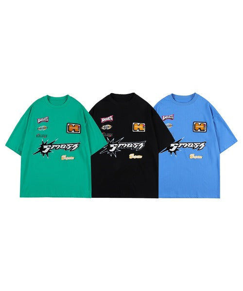 HOOK- アメカジ風ワッペン刺繍半袖TEE