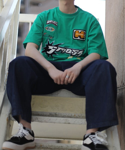 HOOK- アメカジ風ワッペン刺繍半袖TEE