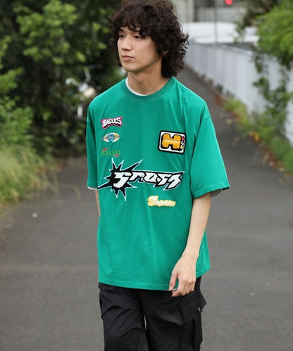 HOOK- アメカジ風ワッペン刺繍半袖TEE