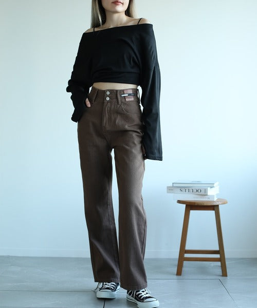 【Jasmine】２ボタンハイウエストストレートワイドデニムパンツ