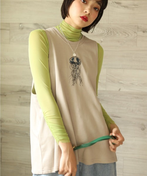 aimohaオリジナル蝶々クラゲ刺繍刺繍バックスリットカットソーベスト