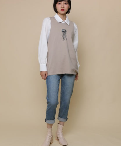 aimohaオリジナル蝶々クラゲ刺繍刺繍バックスリットカットソーベスト