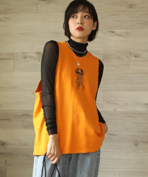 aimohaオリジナル蝶々クラゲ刺繍刺繍バックスリットカットソーベスト