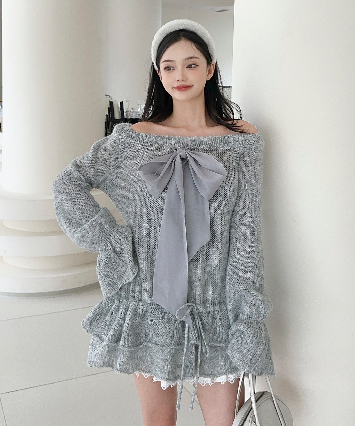 【Jasmine】ワンショルフロントリボンニットワンピース