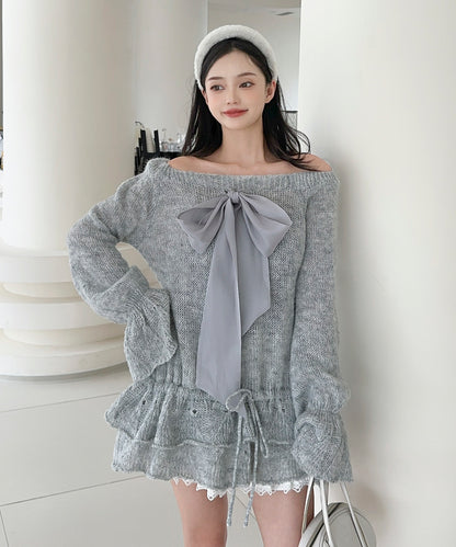 【Jasmine】ワンショルフロントリボンニットワンピース