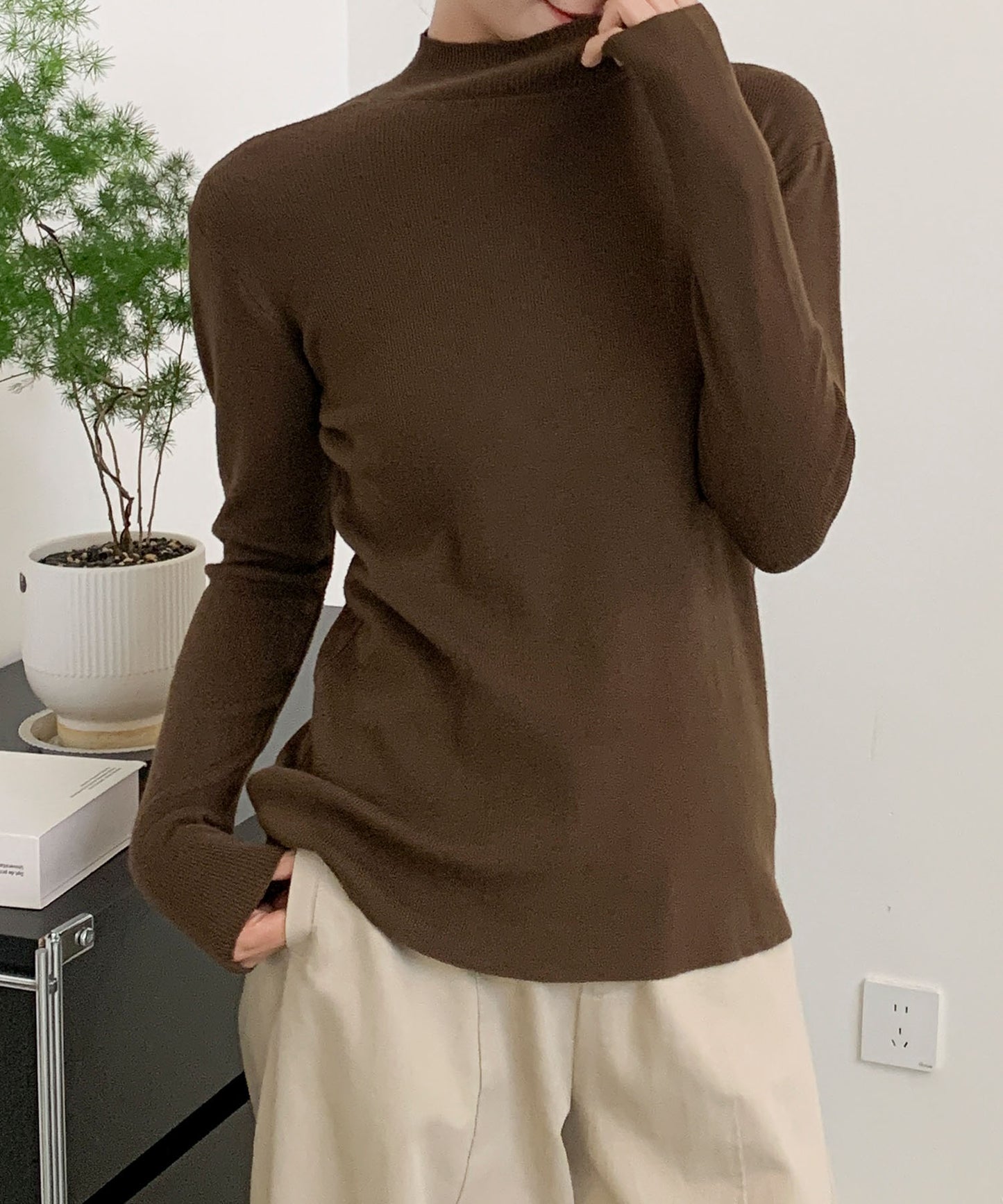 aimoha/無地モックネックニットソートップス