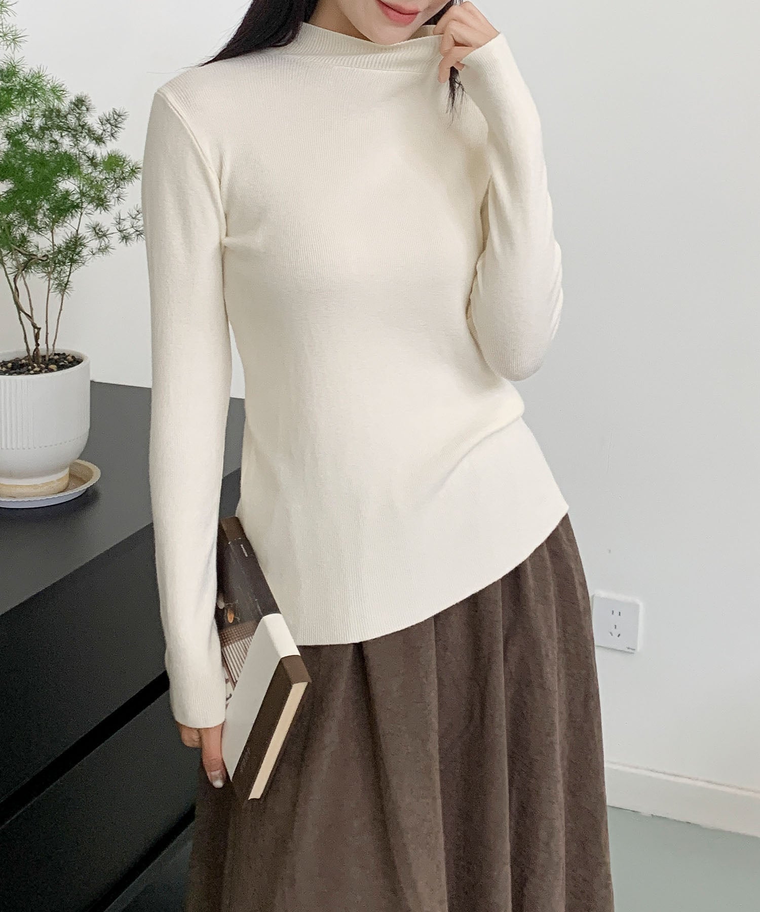 aimoha/無地モックネックニットソートップス