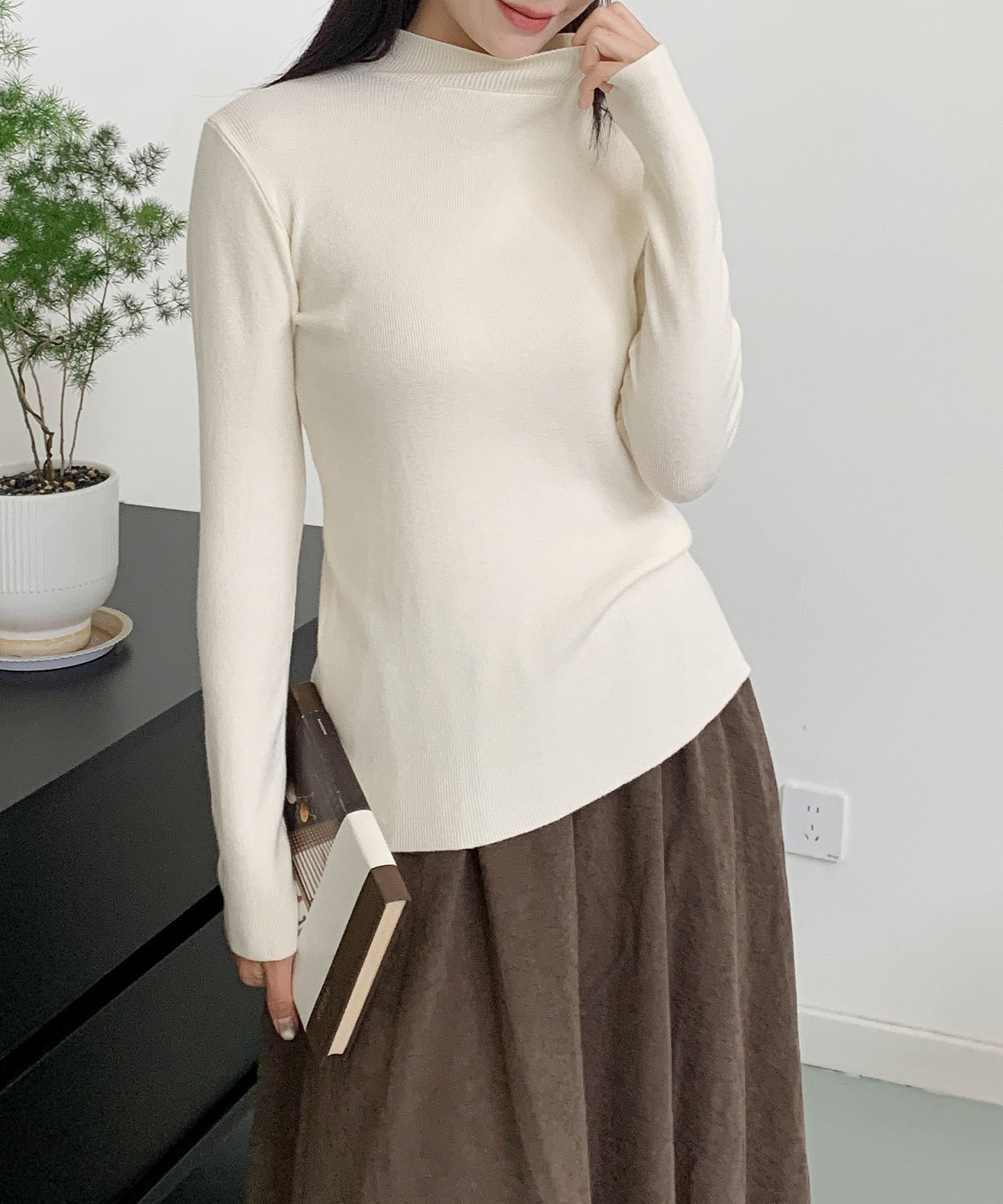 aimoha/無地モックネックニットソートップス