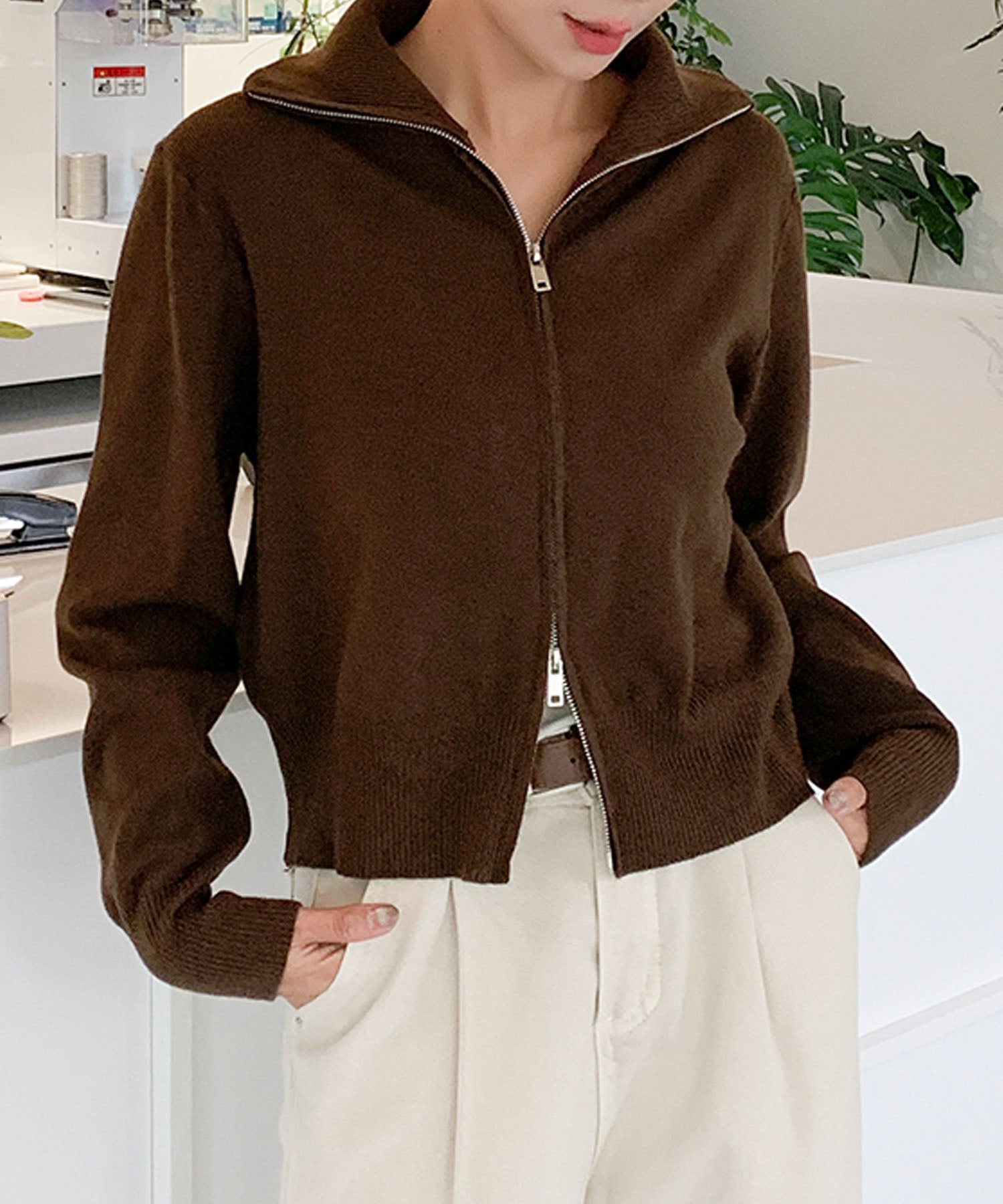 aimoha/ダブルジップ 無地ニットパーカー