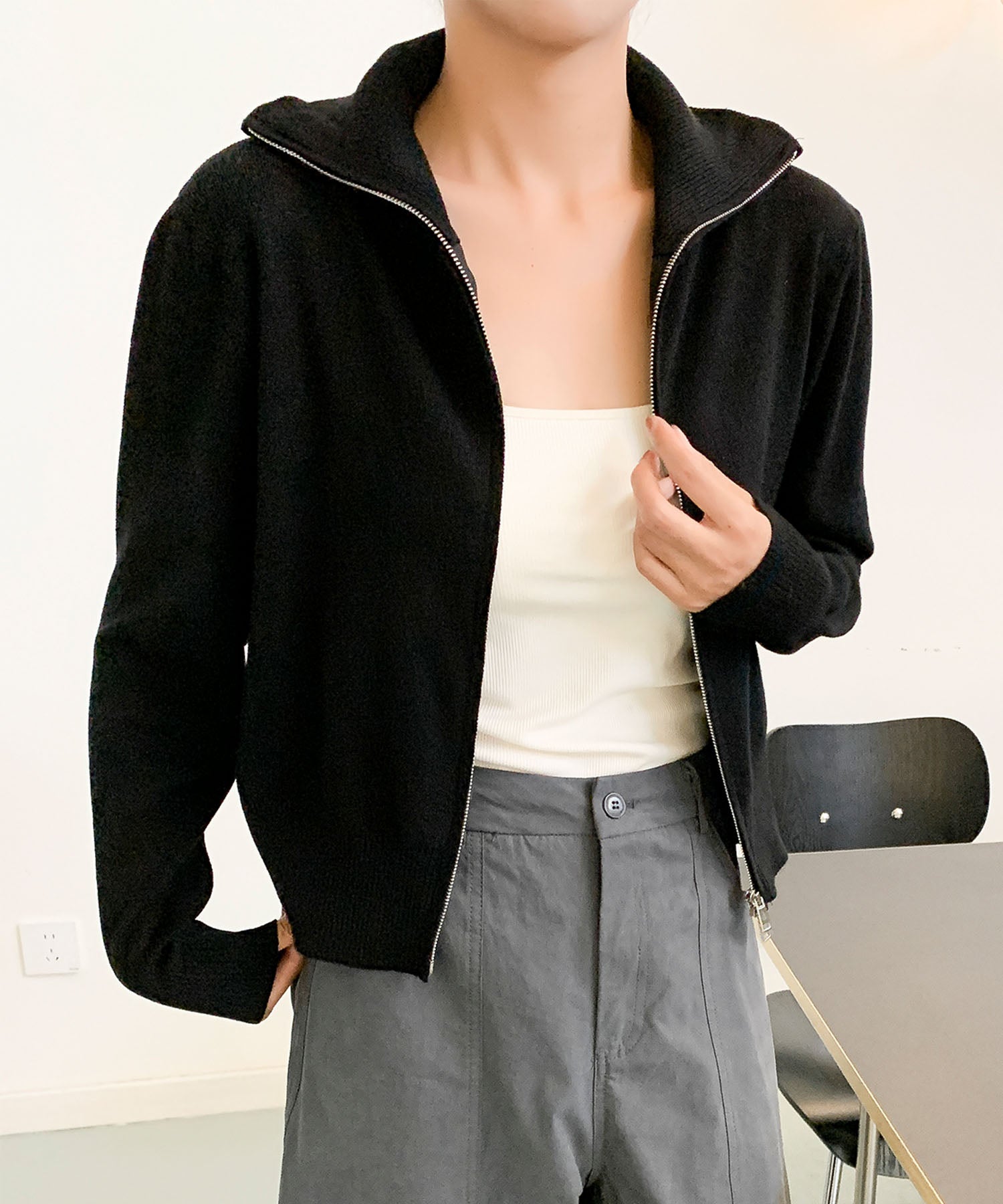 aimoha/ダブルジップ 無地ニットパーカー