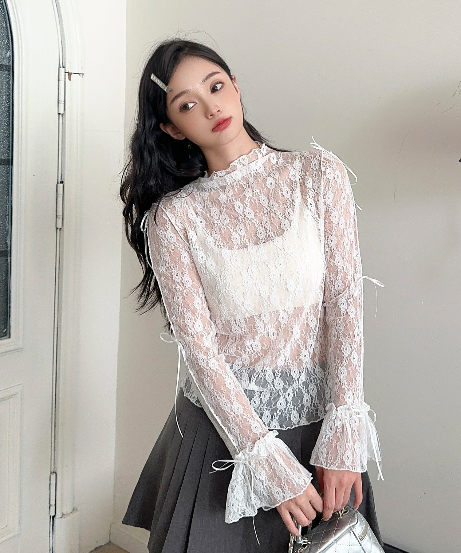 【Jasmine】袖リボンメロウシアーレースインナートップス