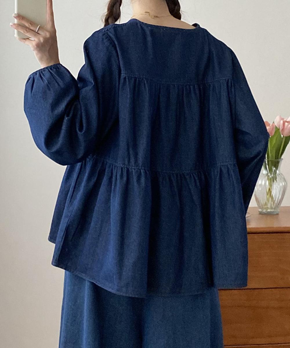 デニムティアードリボンブラウス