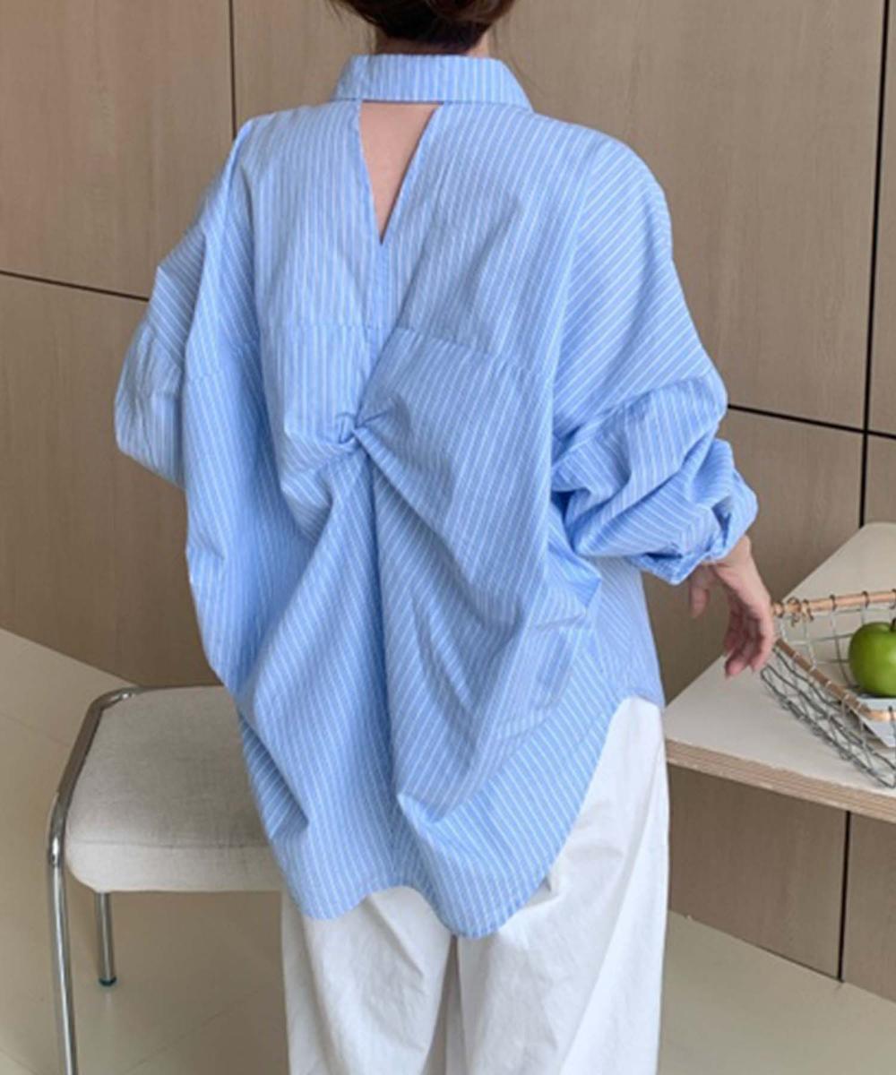 ストライプ切替コットンシャツ