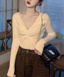 【Jasmine】Vネックギャザーニットトップス