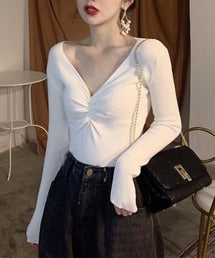 【Jasmine】Vネックギャザーニットトップス